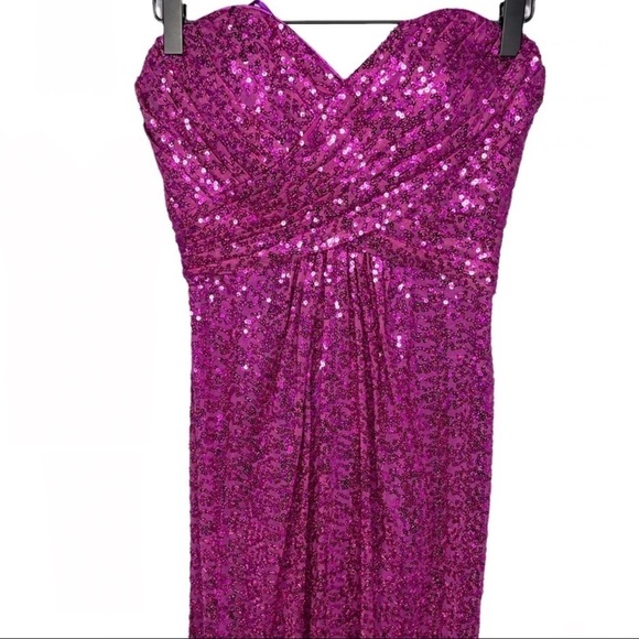 La Femme Strapless Sequin Gown Magenta Pink Cross Back Size 2 Prom Wedding Prom - Picture 4 of 13